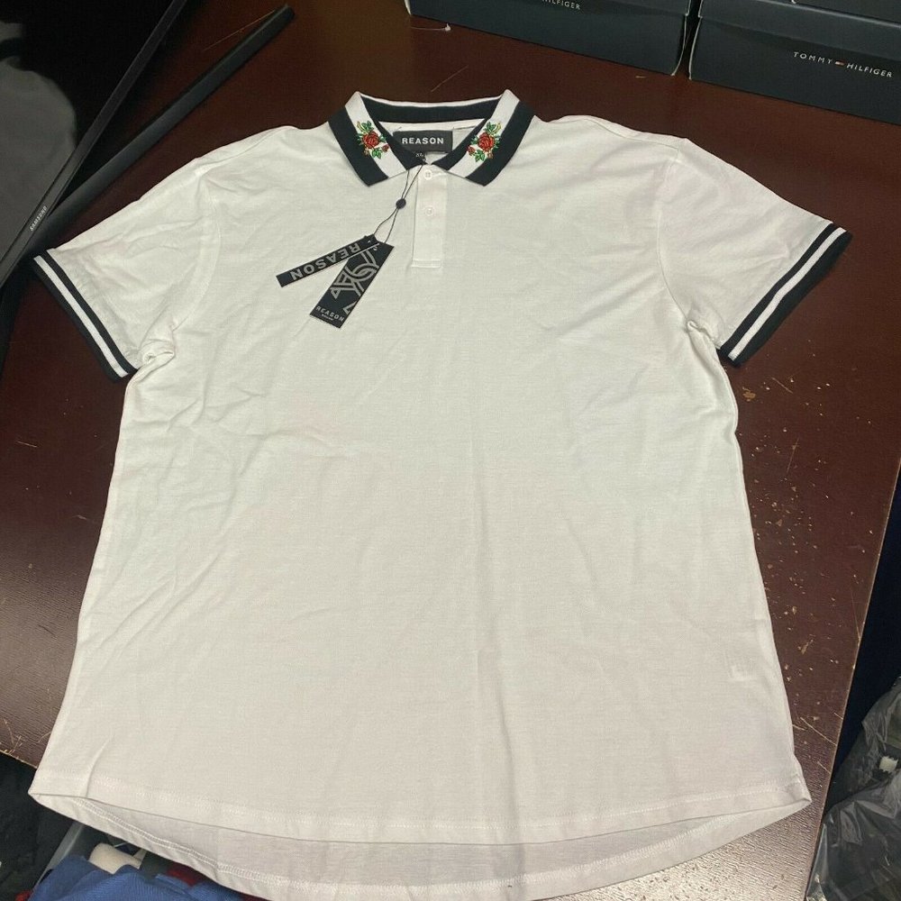 Reason Mens White Short Sleeves Embroidered Collared Polo Shirt Size XL